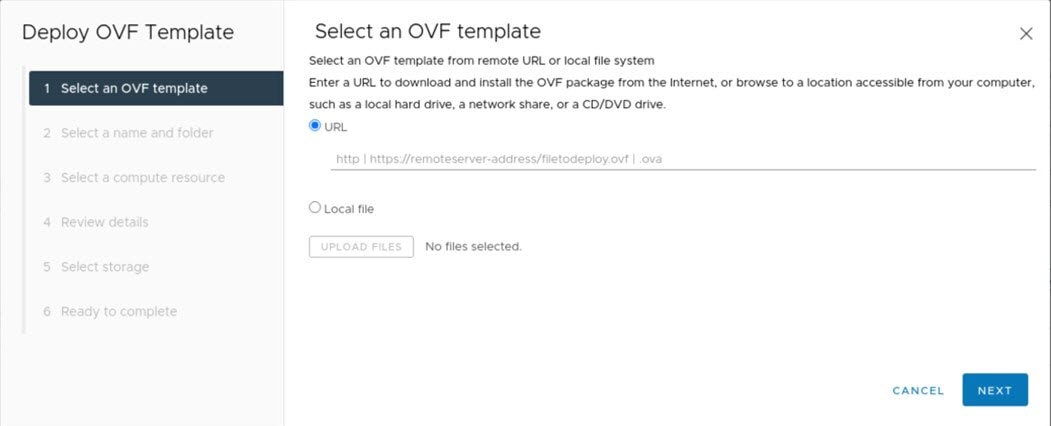 The Select an OVF Template option within the vSphere Client.