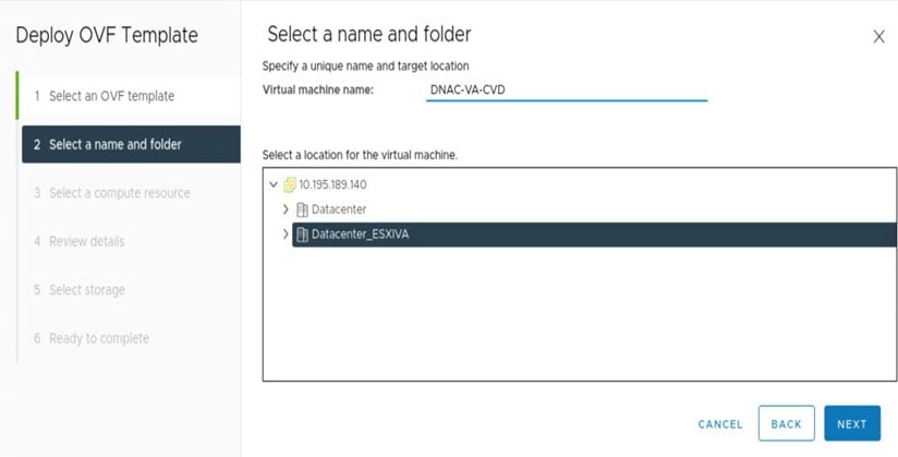 The Select a name and folder option within the vSphere Client.