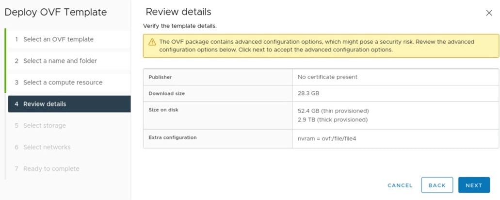 The Review details option within the vSphere Client.
