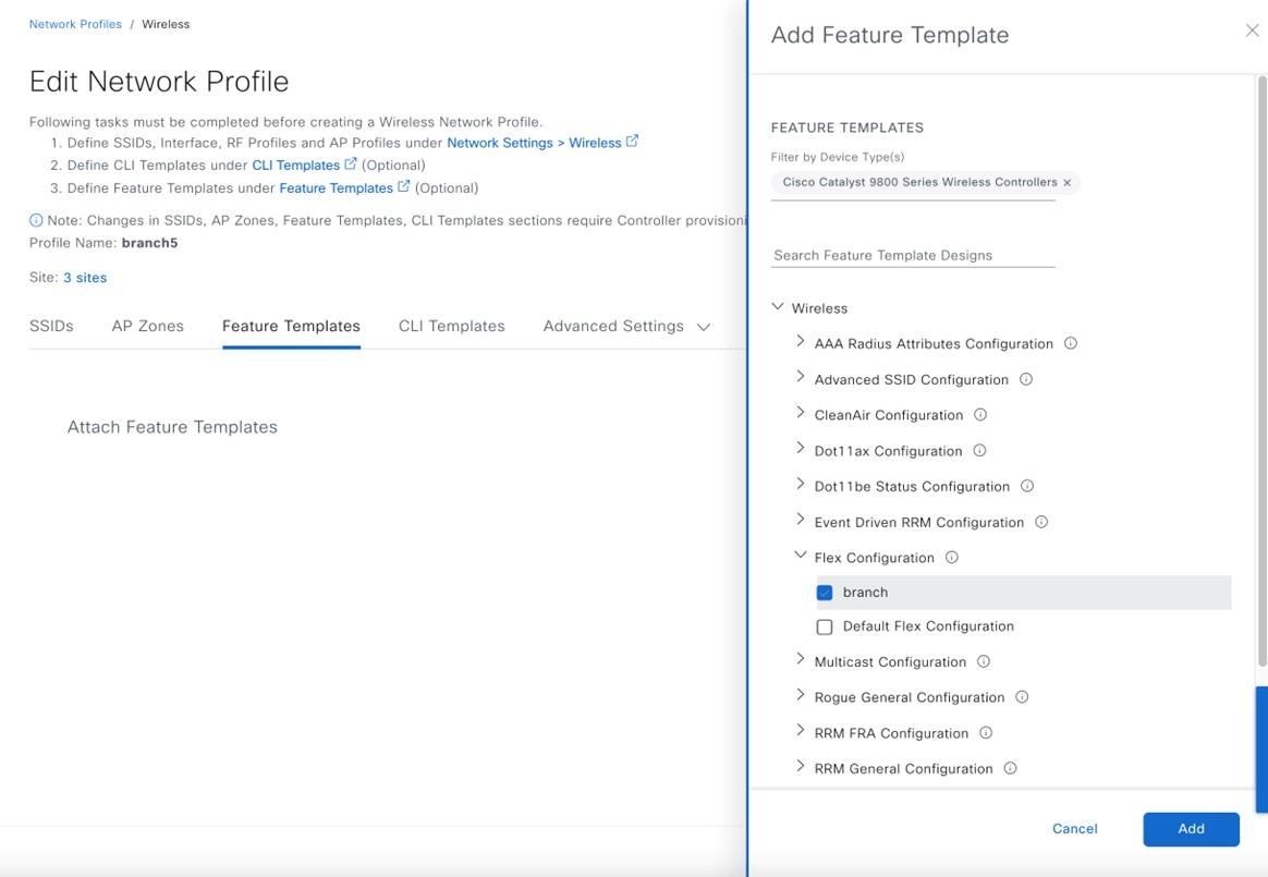 The Add Feature Template slide-in pane displays the options to filter by device type, search the feature template designs, and add the feature template.