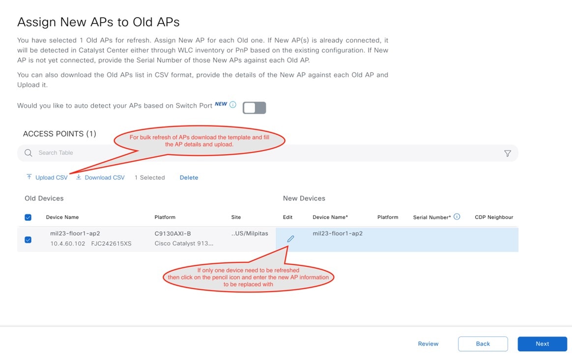 The Assign New APs to Old APs window displays the options to upload a CSV, download a CSV, and edit the details for new devices.