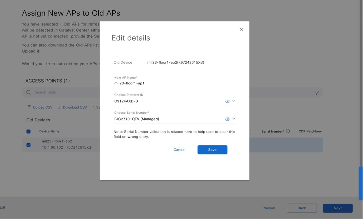 The Edit details dialog box allows you to change the new AP name, choose the platform ID, and choose the serial number.
