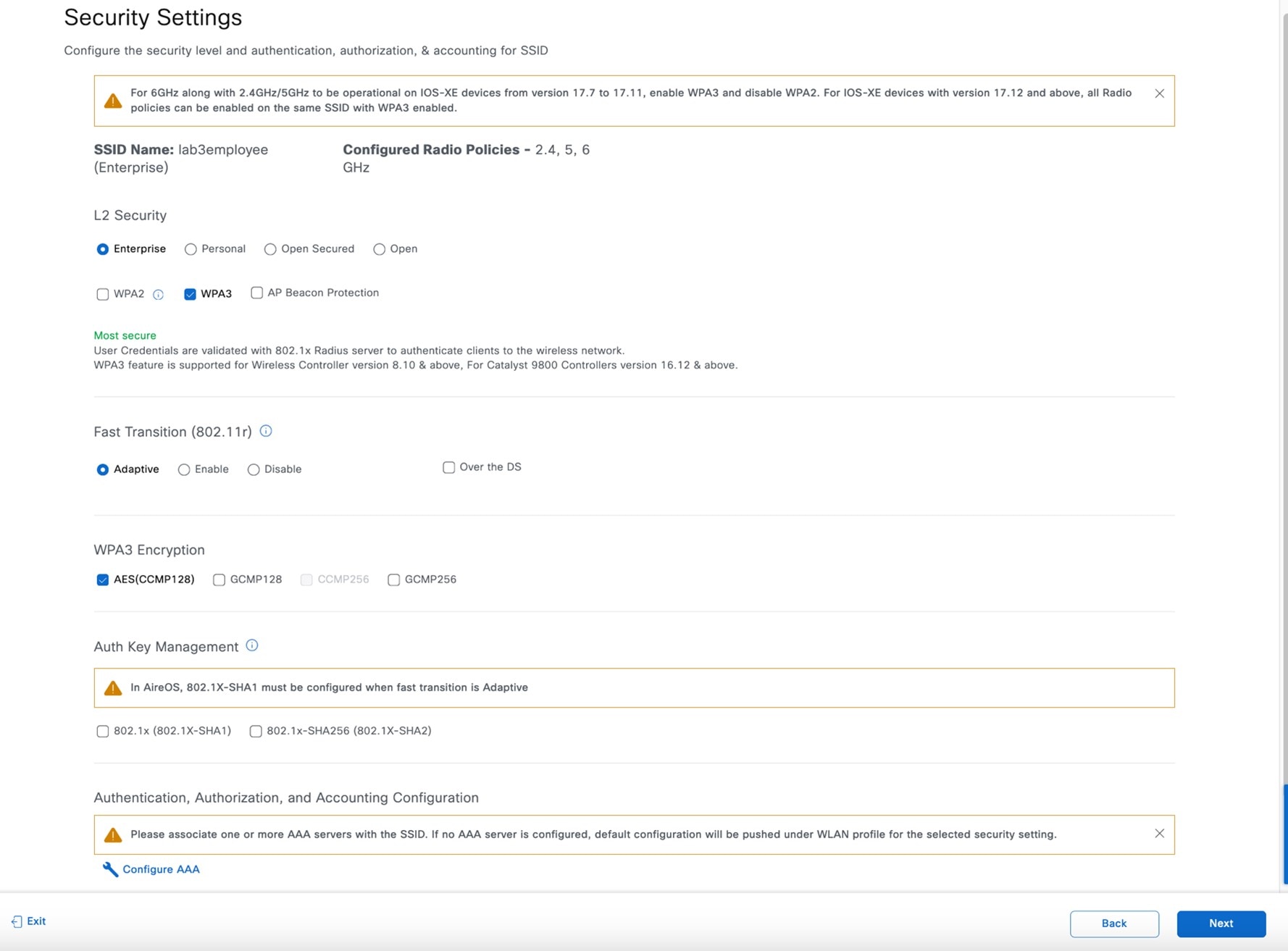 The Security Settings page shows the configuration settings for security level and authentication, authorization, and accounting.