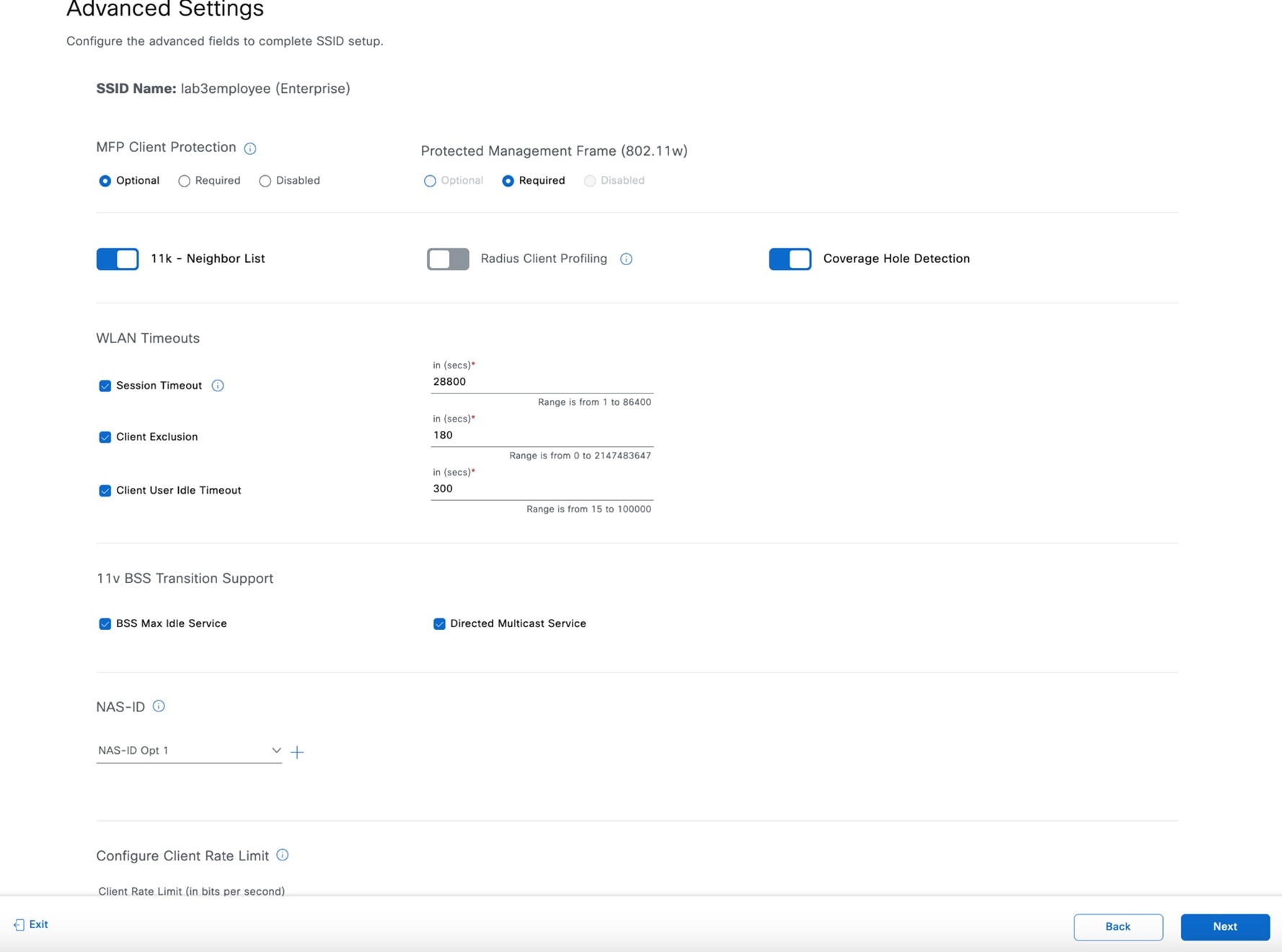 The Advanced Settings page displays the additional configuration settings options for the enterprise SSID.
