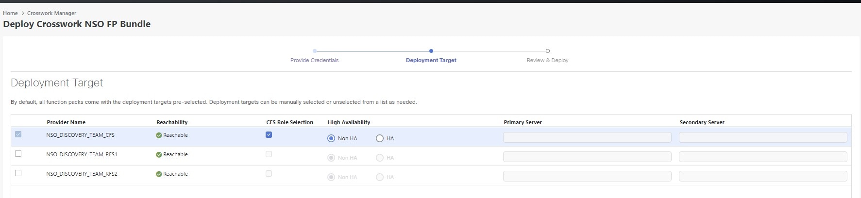 Deployment Target Page