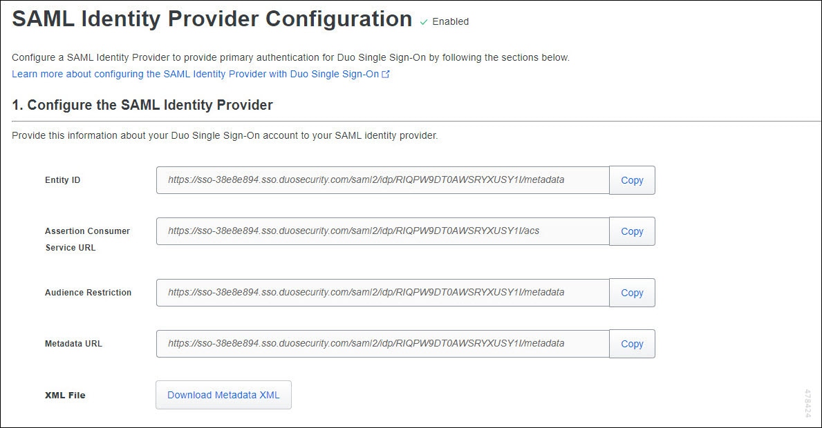 Screenshot displaying Duo SSO metadata that must be copied and provided to the SAML IdP.