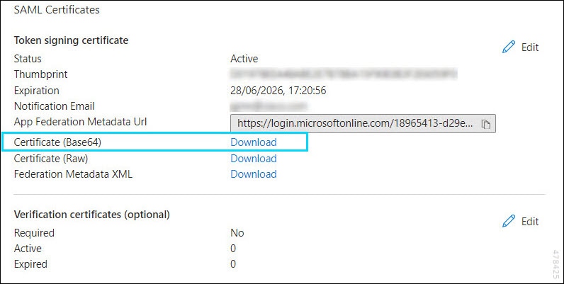 Screenshot of the link to download the SAML Certificate (Base64) from Entra ID.