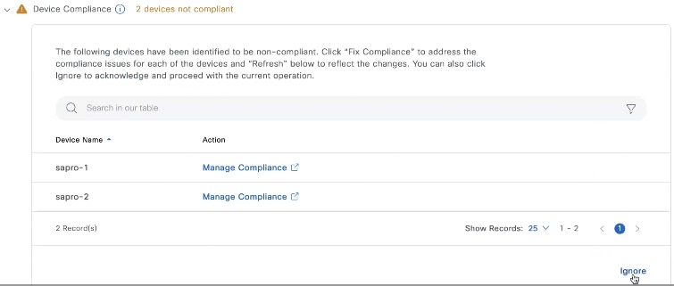 The Device Compliance dashlet lists the noncompliant devices with the option to manage device compliance.