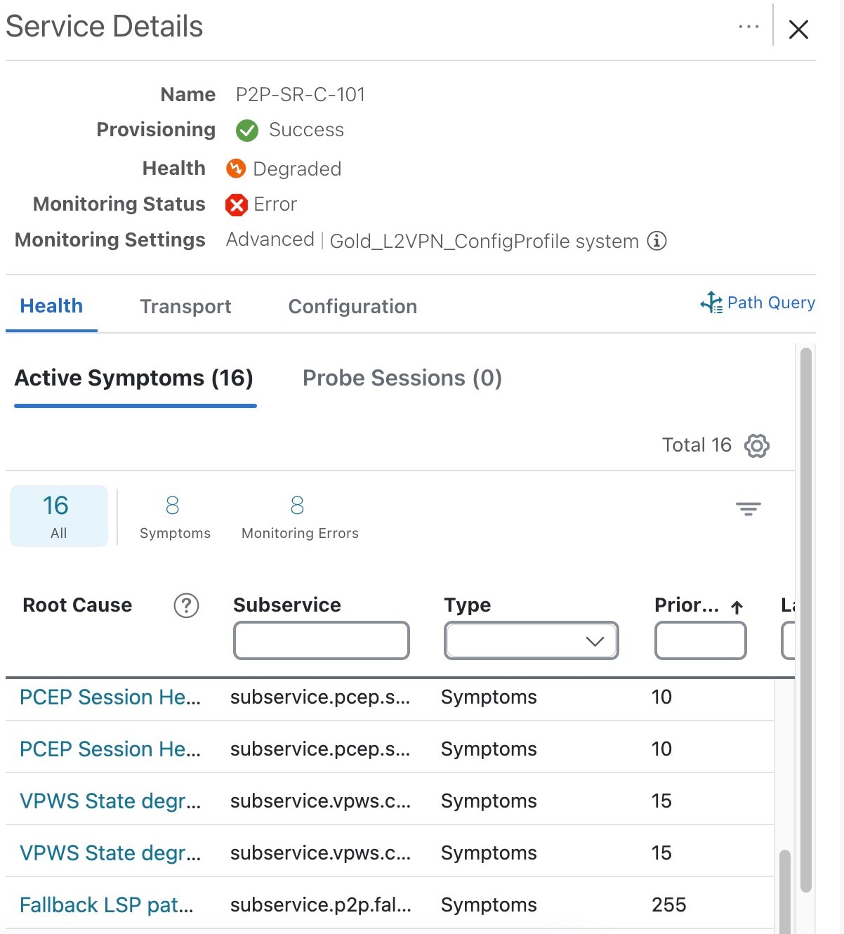 Active Symptoms in Service Details