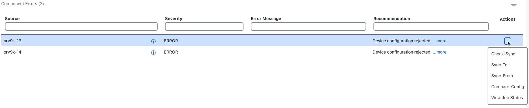 Component Errors Action Menu
