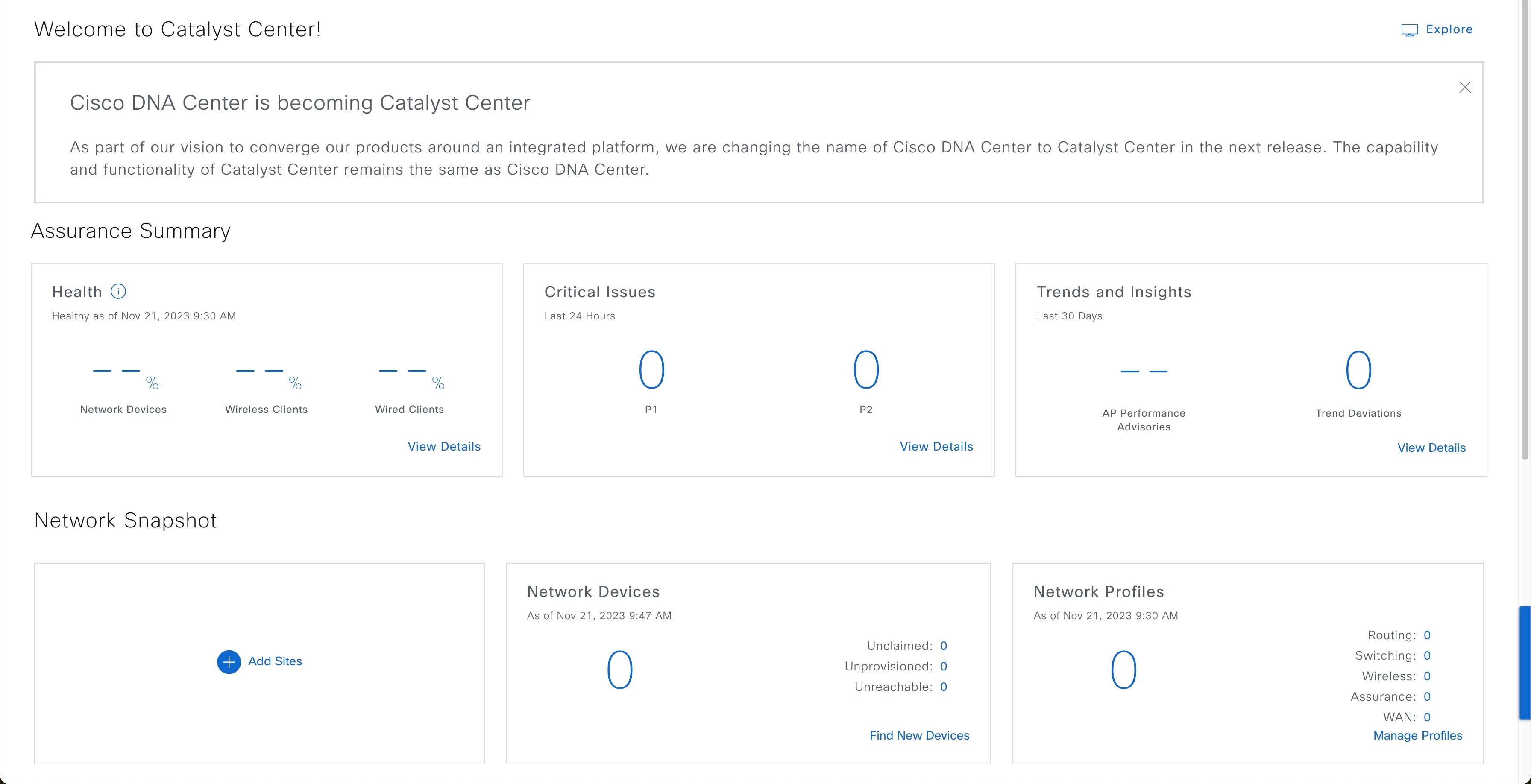 The day-zero view of the Catalyst Center home page displays a snapshot of your network with no devices in the system.