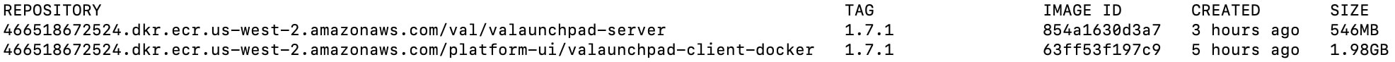 $ docker images の出力には、リポジトリ内の Docker イメージのリストと、1.7 から始まる番号を示す [TAG] 列が表示されます。