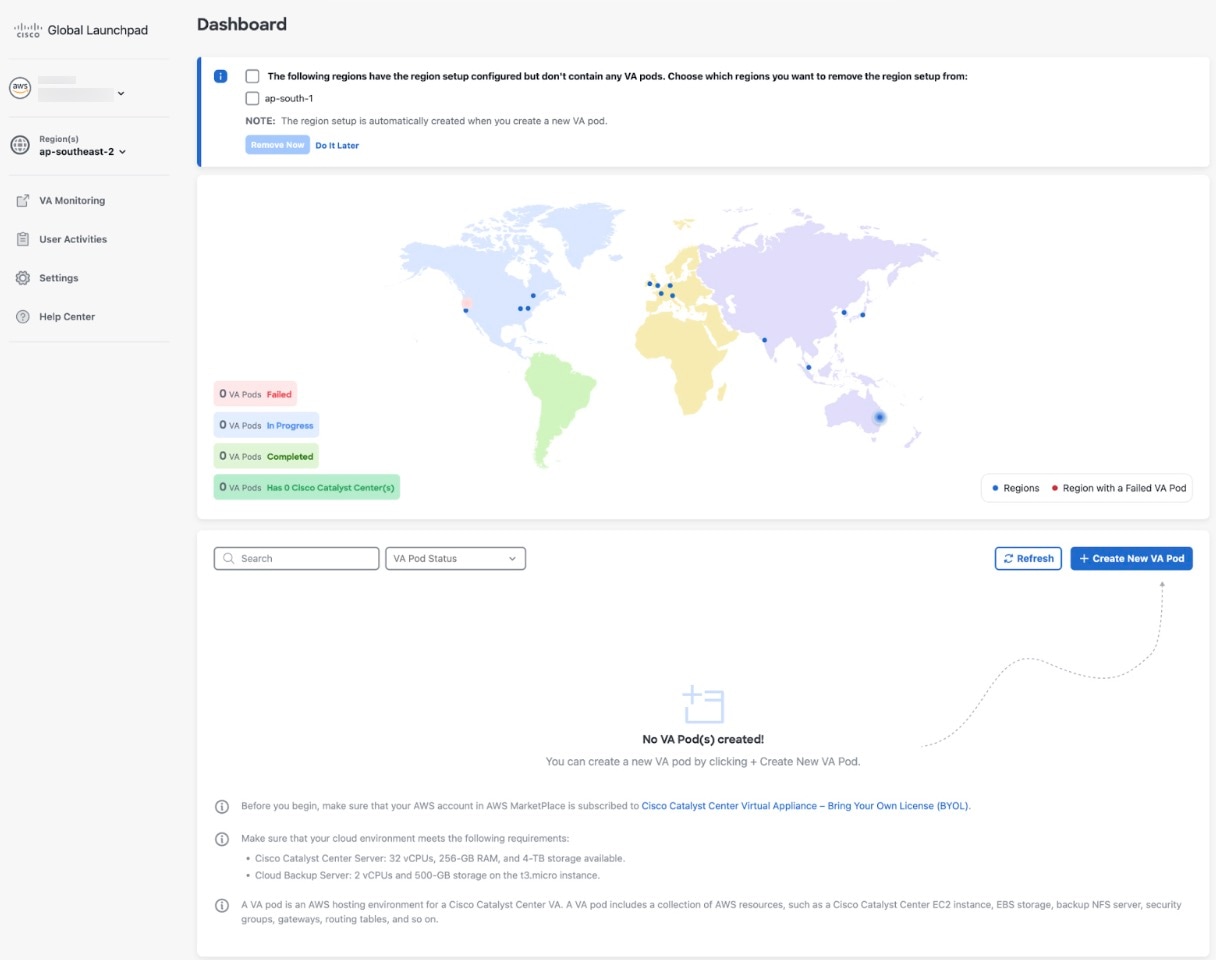 デフォルトでは、 Cisco Global Launchpad は左側にナビゲーションウィンドウを表示し、右側に [Dashboard] ペインを表示します。[Dashboard] ペインには、リージョンと VA ポッドのマップが表示され、マップの下には、作成されたすべての VA ポッドが表示されます。