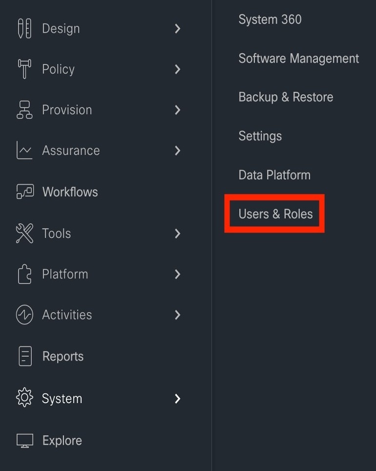 In the left menu pane, the menu option, System > Users & Roles , is displayed.