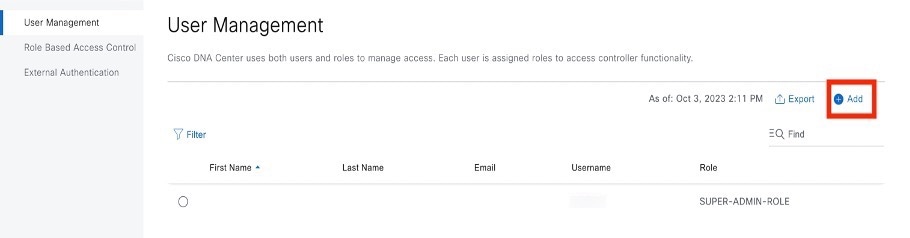In the User Management window, the Add button is displayed in the top-right corner of the table.