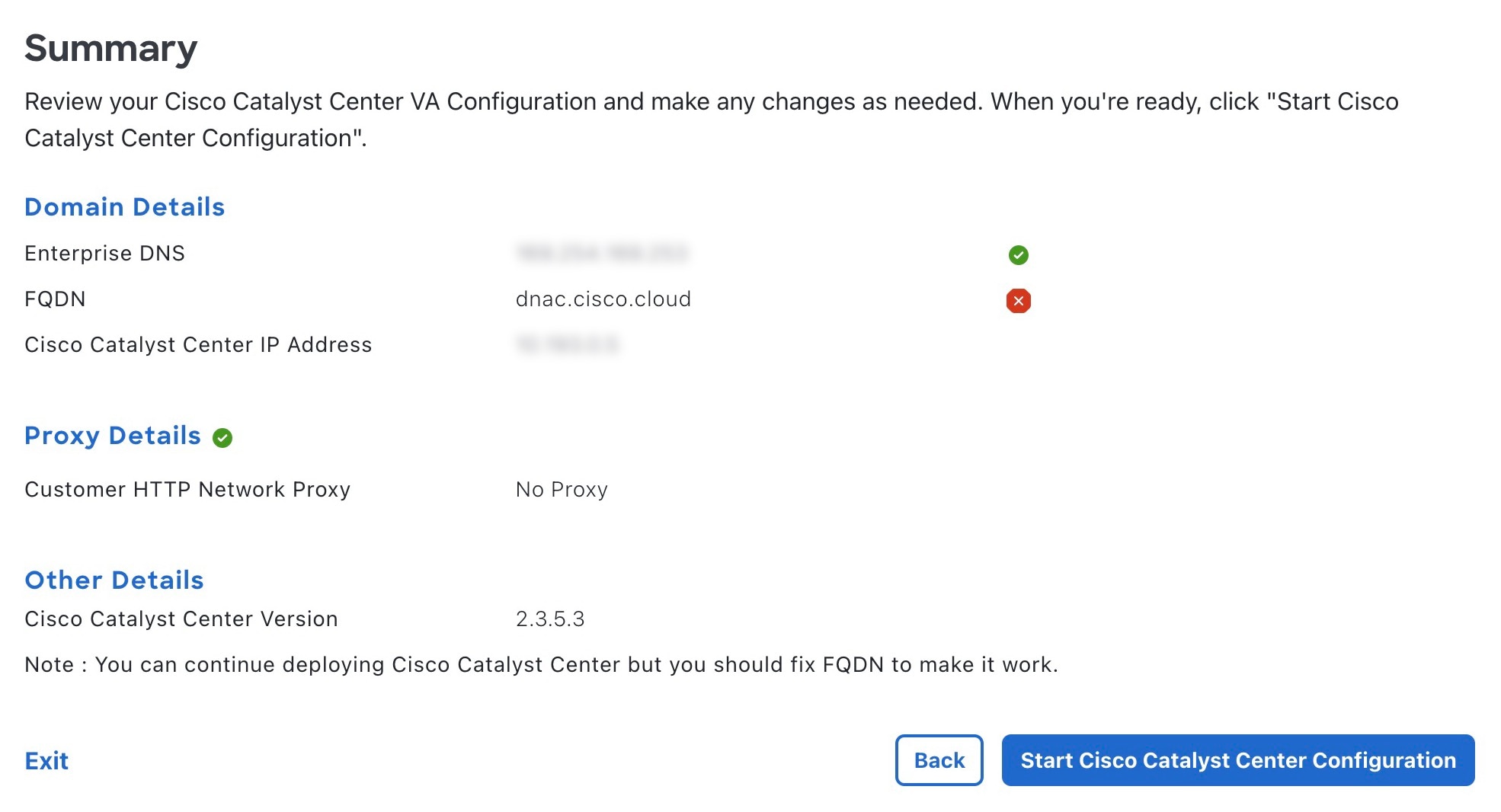 The Summary window displays domain, proxy, and other details, along with the Start Cisco Catalyst Center Configuration button in the bottom-right corner.