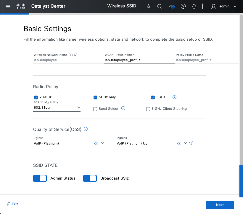 The Basic Settings page displays the following sections: radio policy, quality of service (QoS), and SSID state.