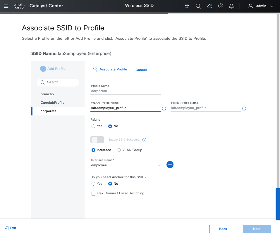 The following profile settings are displayed: profile name, WLAN profile name, policy profile name, fabric option, interface option, interface name, anchor, and FlexConnect local switching.