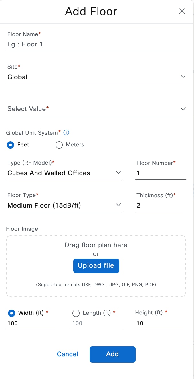 The Add Floor dialog box shows the various configurable fields: floor name, site, floor type, floor number, thickness, floor image, width (ft), length (ft), and height (ft).