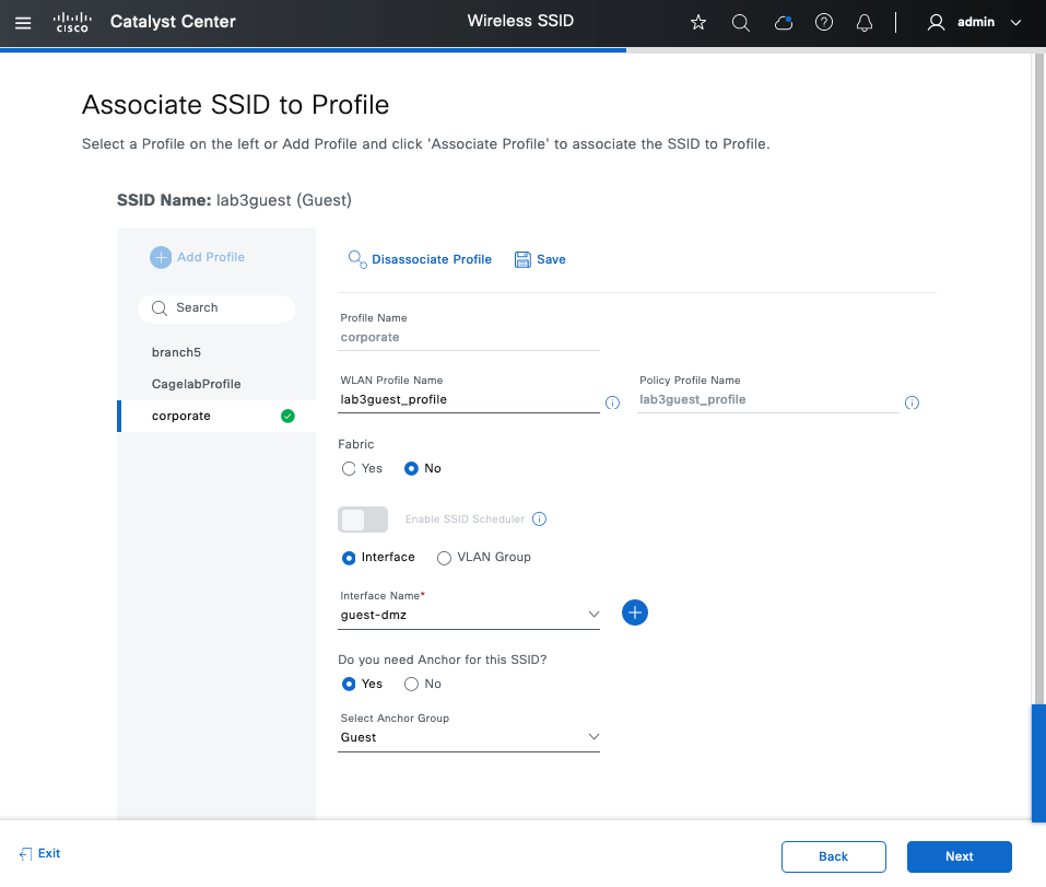 The available profile settings can be changed: WLAN profile name, fabric option, interface, and anchor.