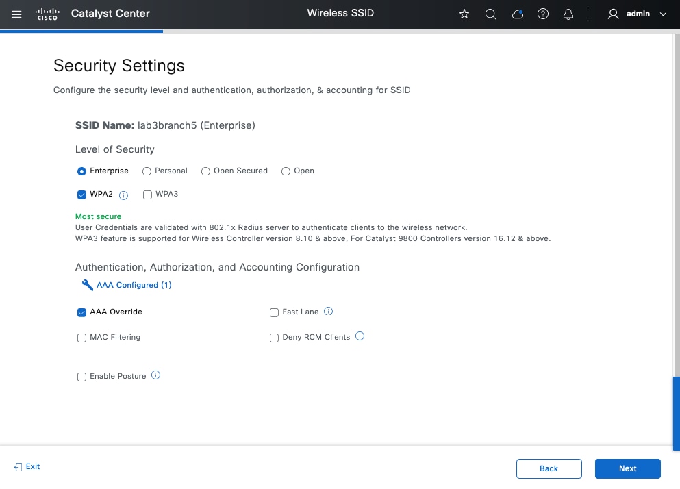 The Security Settings page shows the options to configure the security level and authentication, authorization, and accounting for the SSID.