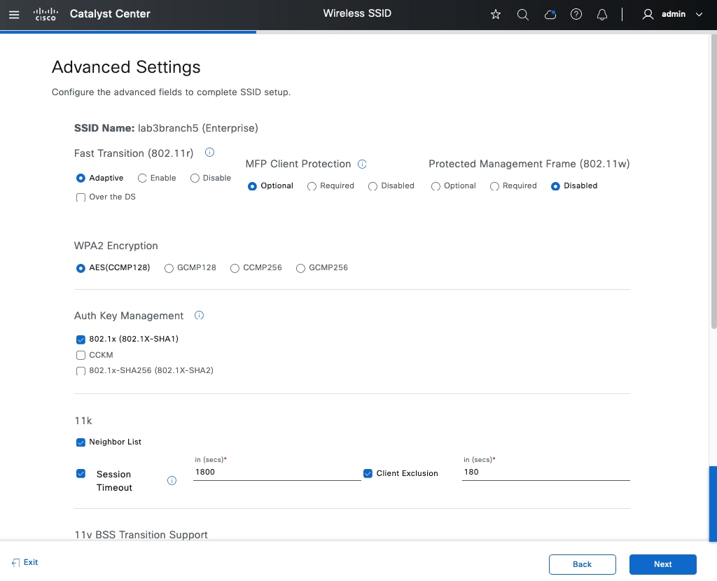 The advanced settings configurable for the SSID include fast transition, MFP client protection, protected management frame, WPA2 encryption, auth key management, and more.