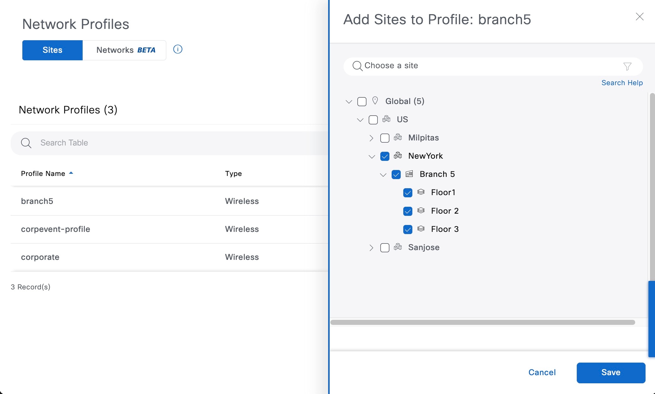 The Add Sites to Profile slide-in pane displays the selected New York site with its selected child sites: Branch 5, Floor1, Floor2, and Floor 3.