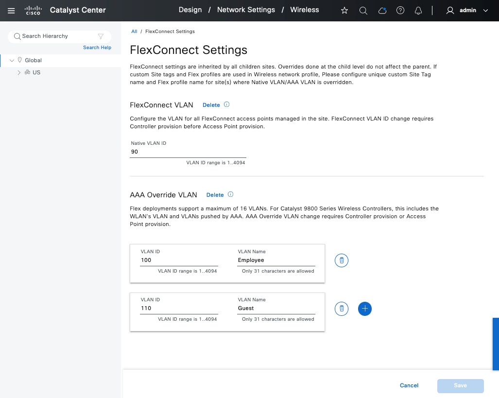 The FlexConnect Settings page shows the settings for FlexConnect VLAN and AAA Override VLAN.
