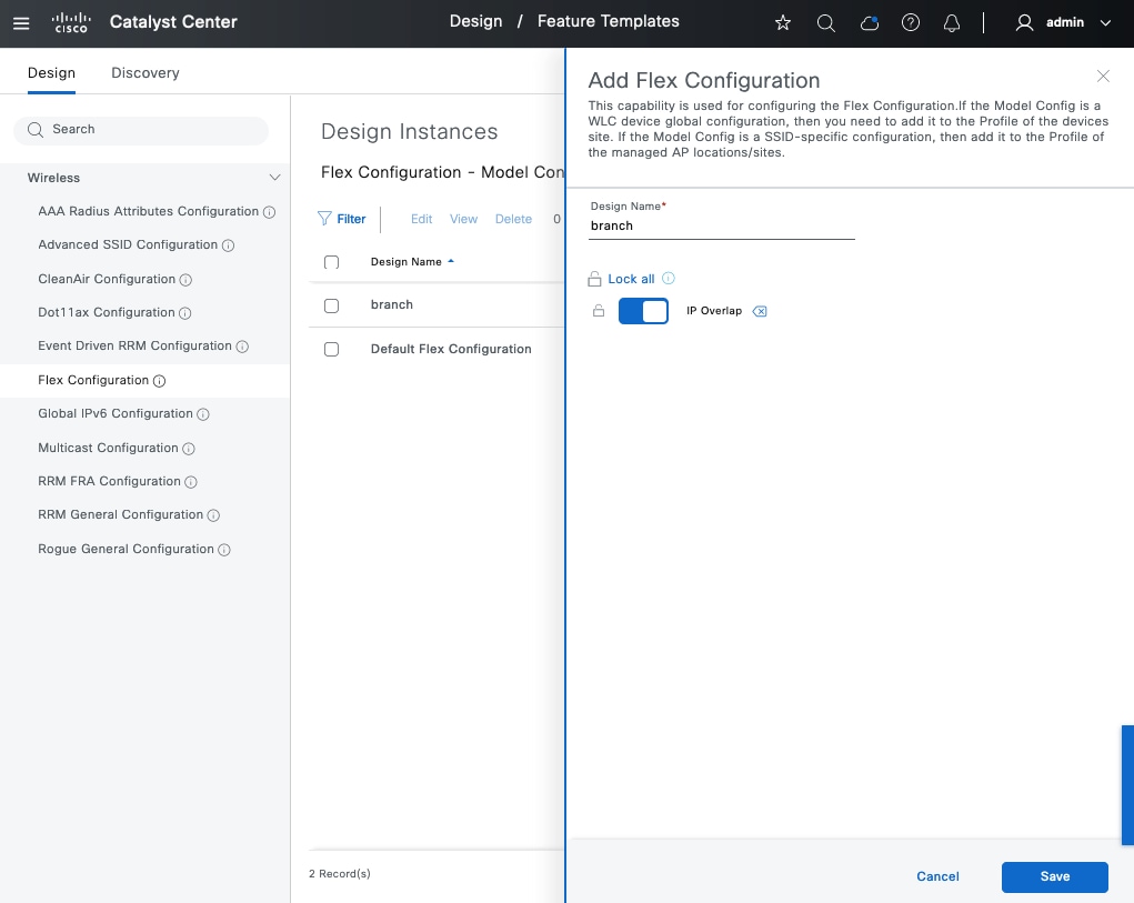 The Add Flex Configuration slide-in pane displays the options to name the design and enable IP overlap.