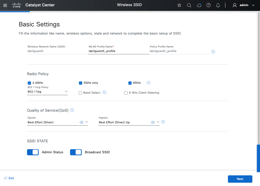 The Basic Settings window includes the options needed to set up an SSID: name, wireless options, state, and network.