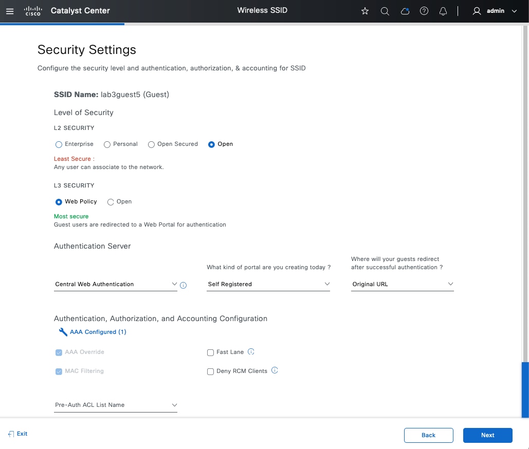 The Security Settings allow you to configure security level and authentication, authorization, and accounting for an SSID.