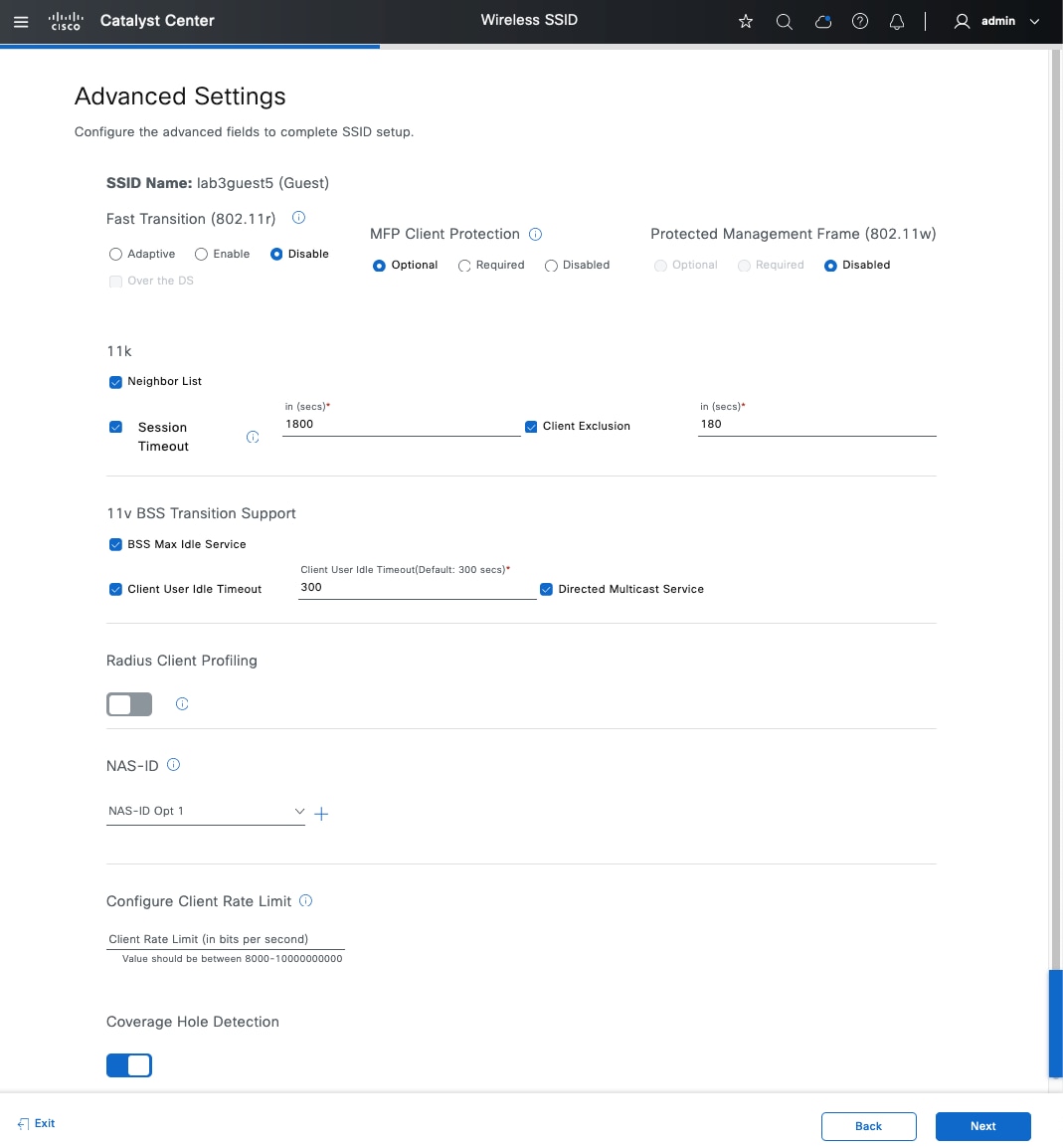 The Advanced Settings include fast transition, MFP client protection, protected management frame, 11k, 11v BSS transition support, radius client profiling, NAS-ID, client rate limit, and more.