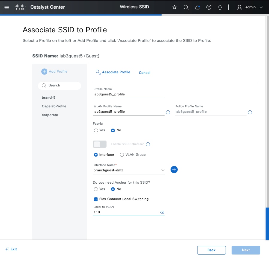 The configurable settings for the SSID include profile name, WLAN profile name, fabric option, interface option, anchor, and FlexConnect local switching.