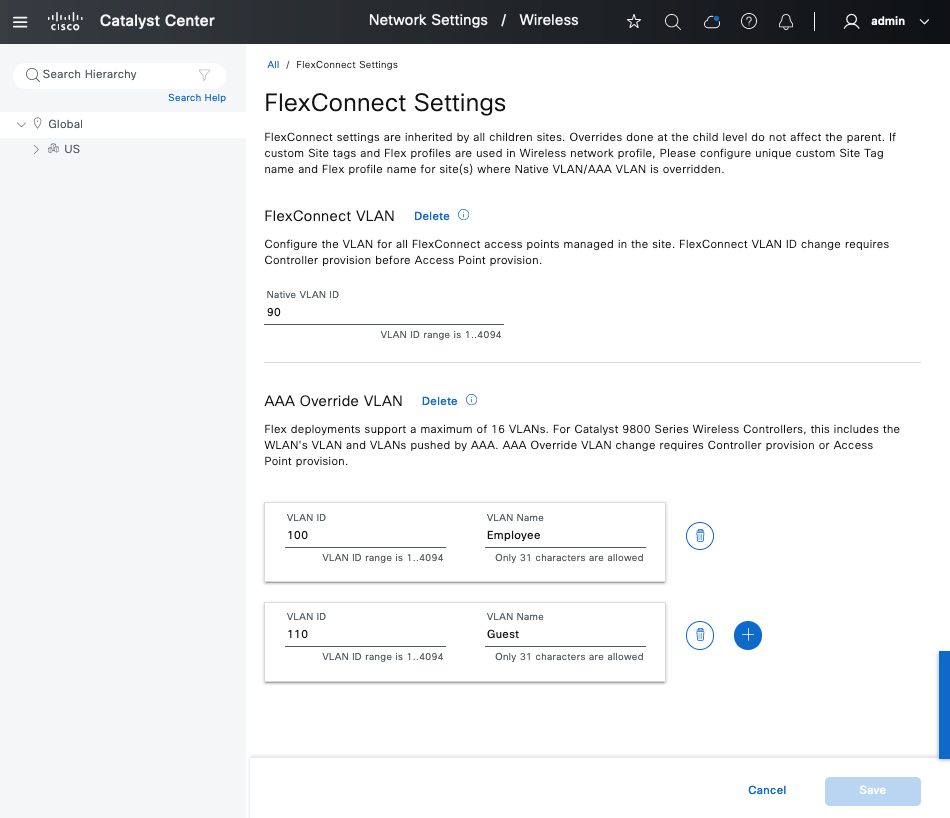 The FlexConnect Settings page displays the configuration settings for FlexConnect VLAN and AAA Override VLAN.