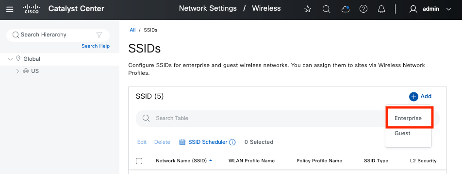 The option to add an enterprise SSID or guest SSID.