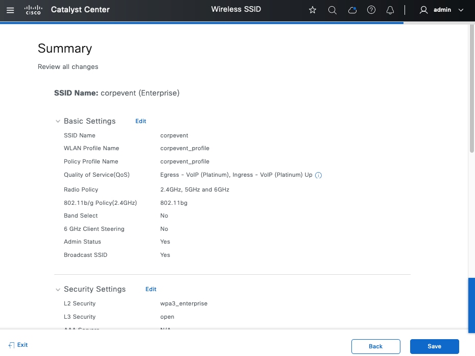 The Summary page shows the details for the various settings, organized by type.