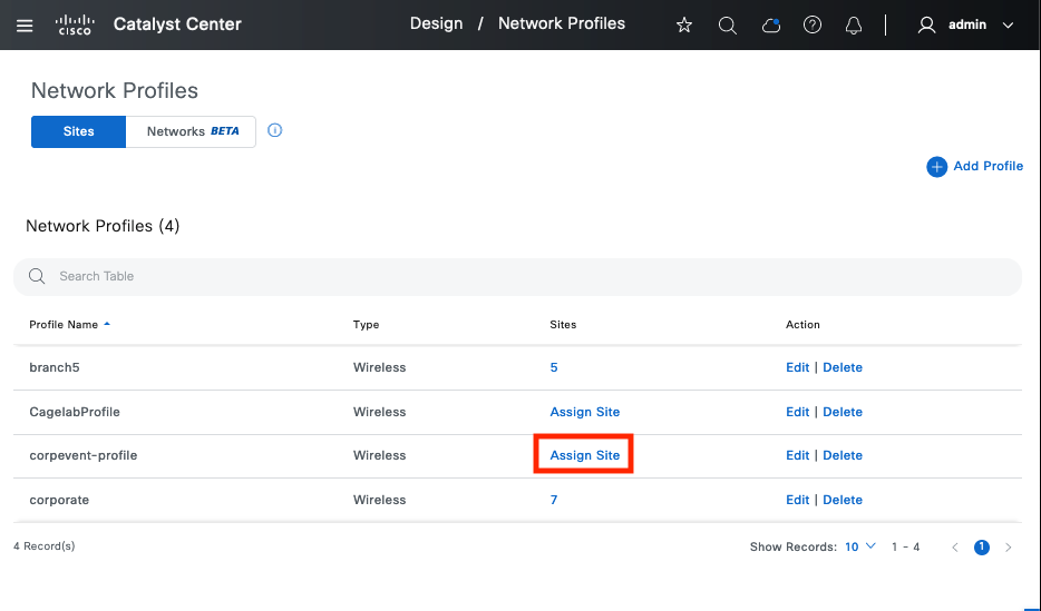 The Assign Site option is available for profiles that have not yet been assigned to a site.