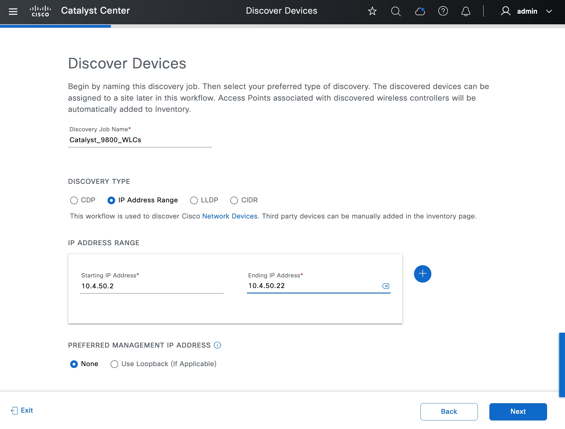 The Discover Devices window includes the configurable settings for a discovery job: discovery job name, discovery type, IP address range, and preferred management IP address.