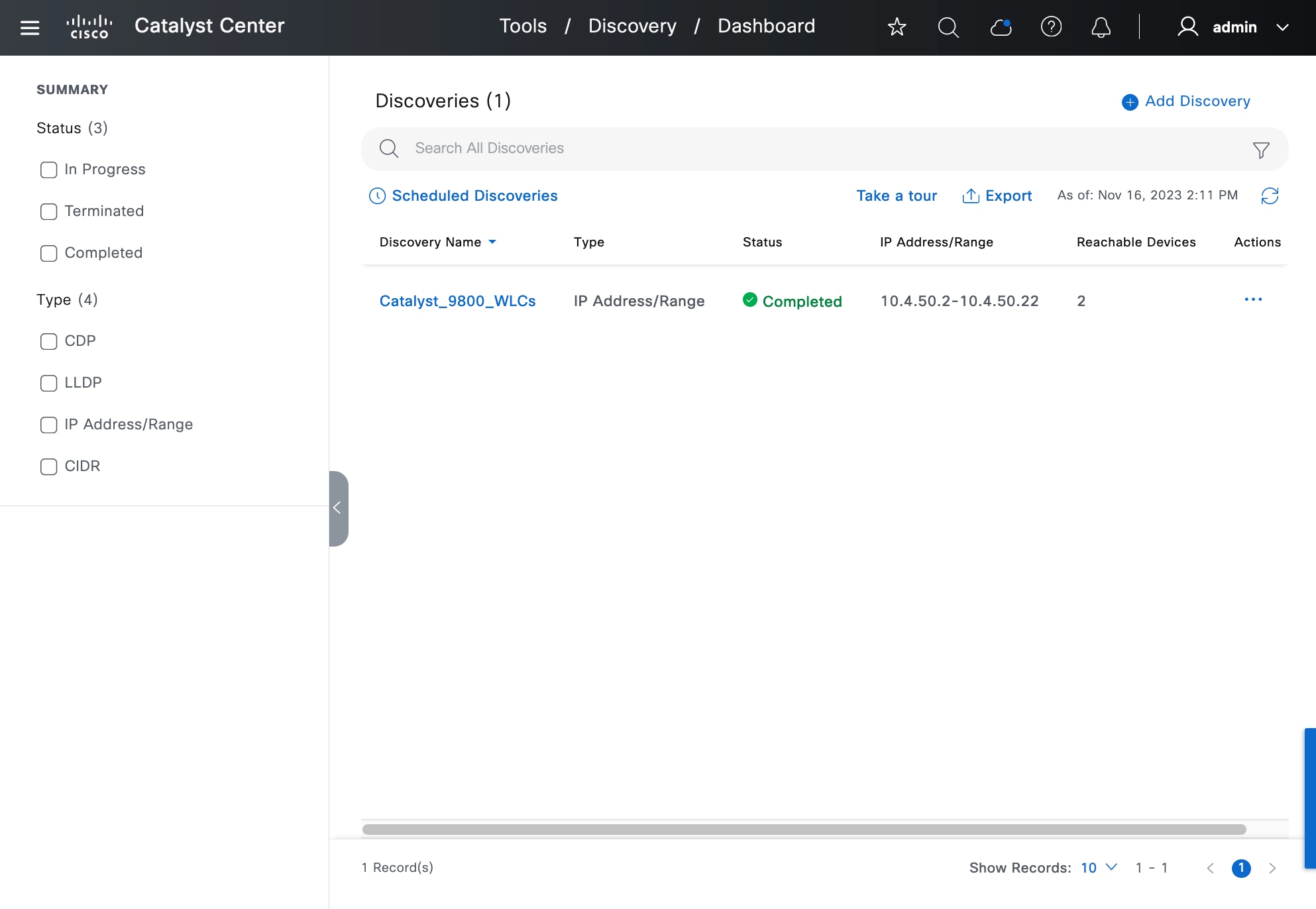 The Discovery Details display the following information for each discovery job: discovery name, type, status, IP address/range, reachable devices, and actions.