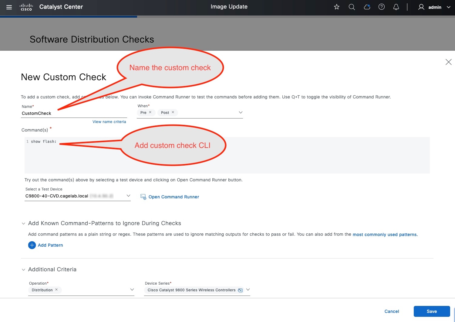 The New Custom Check dialog box shows the name of the custom check, commands, test device, command patterns to ignore, and additional criteria.