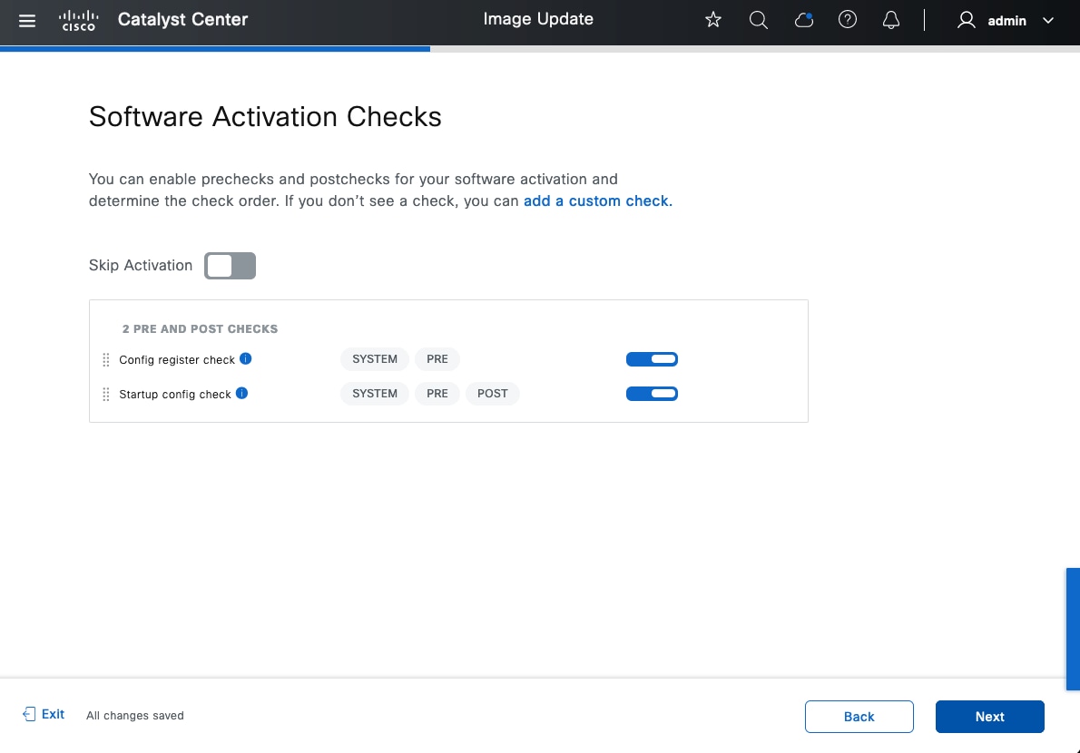 The prechecks and postchecks are listed for the software activation.