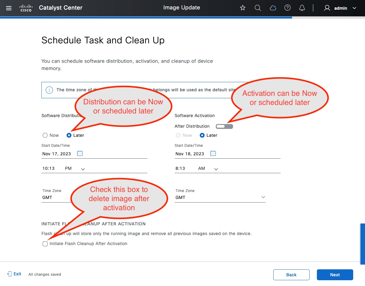 The Schedule Task and Clean Up window displays the options to schedule the software distribution, activation, and clean up of a device.