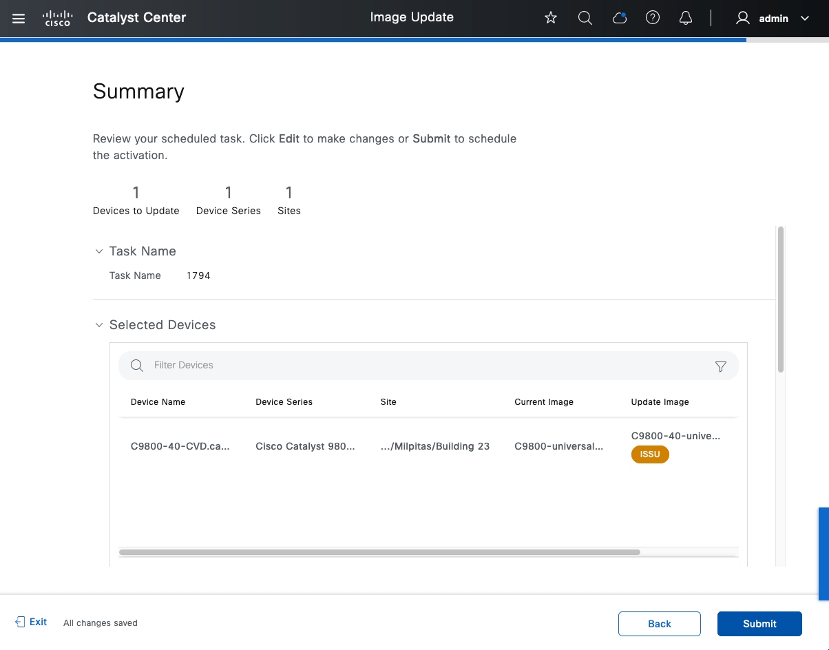 The Summary window allows you to review your scheduled task, including its device name, device series, site, current image, and update image.