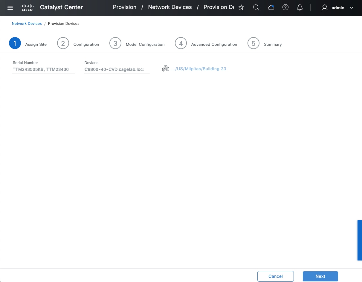 The Assign Site step for provisioning a device shows the associated serial number, devices, and site location.
