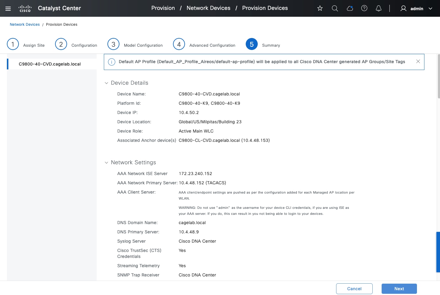 The Summary page shows the device details and network settings.