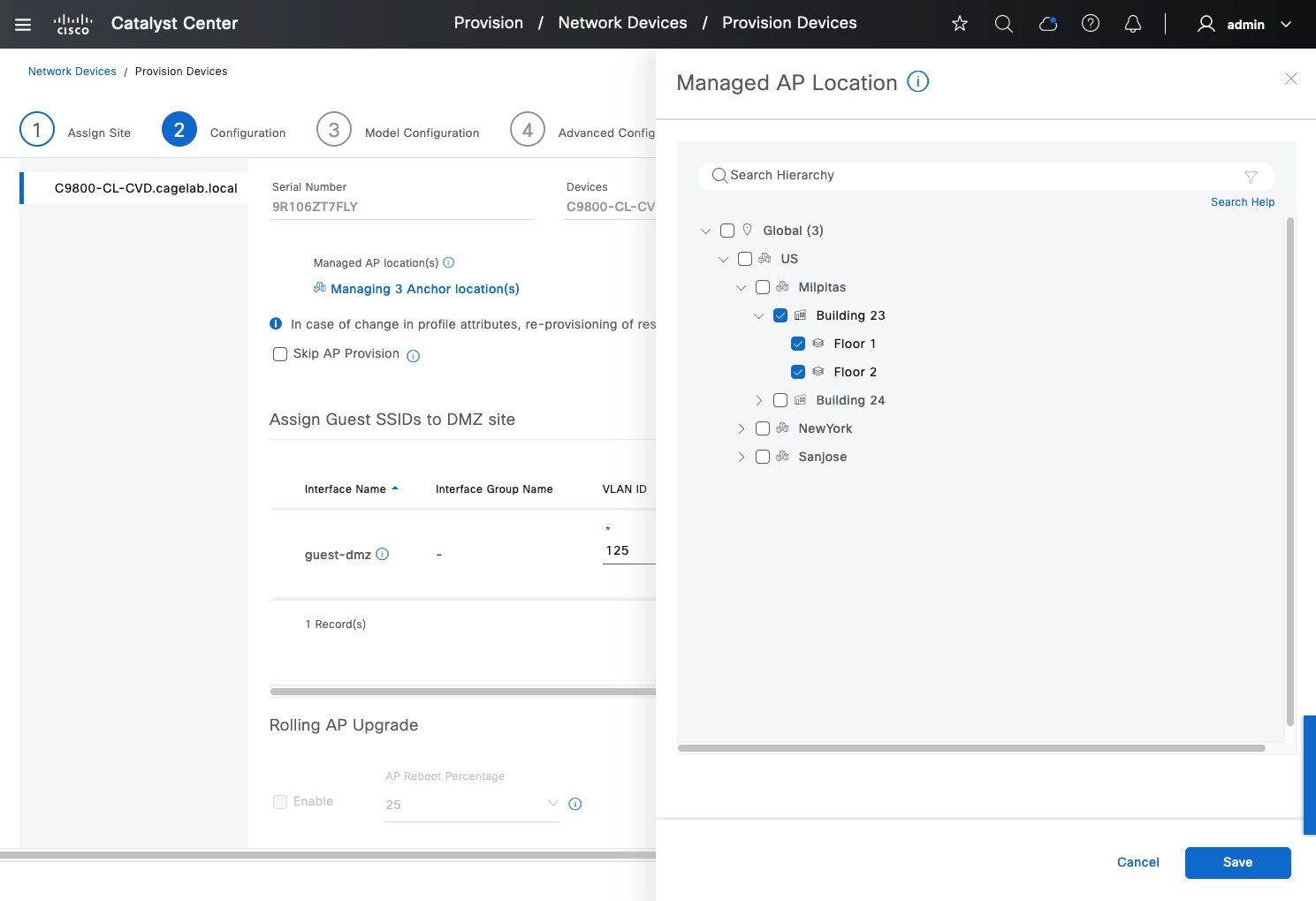 The configuration step for provisioning a wireless controller includes assigning the managed AP location, specifically Building 23 with Floor 1 and Floor 2.