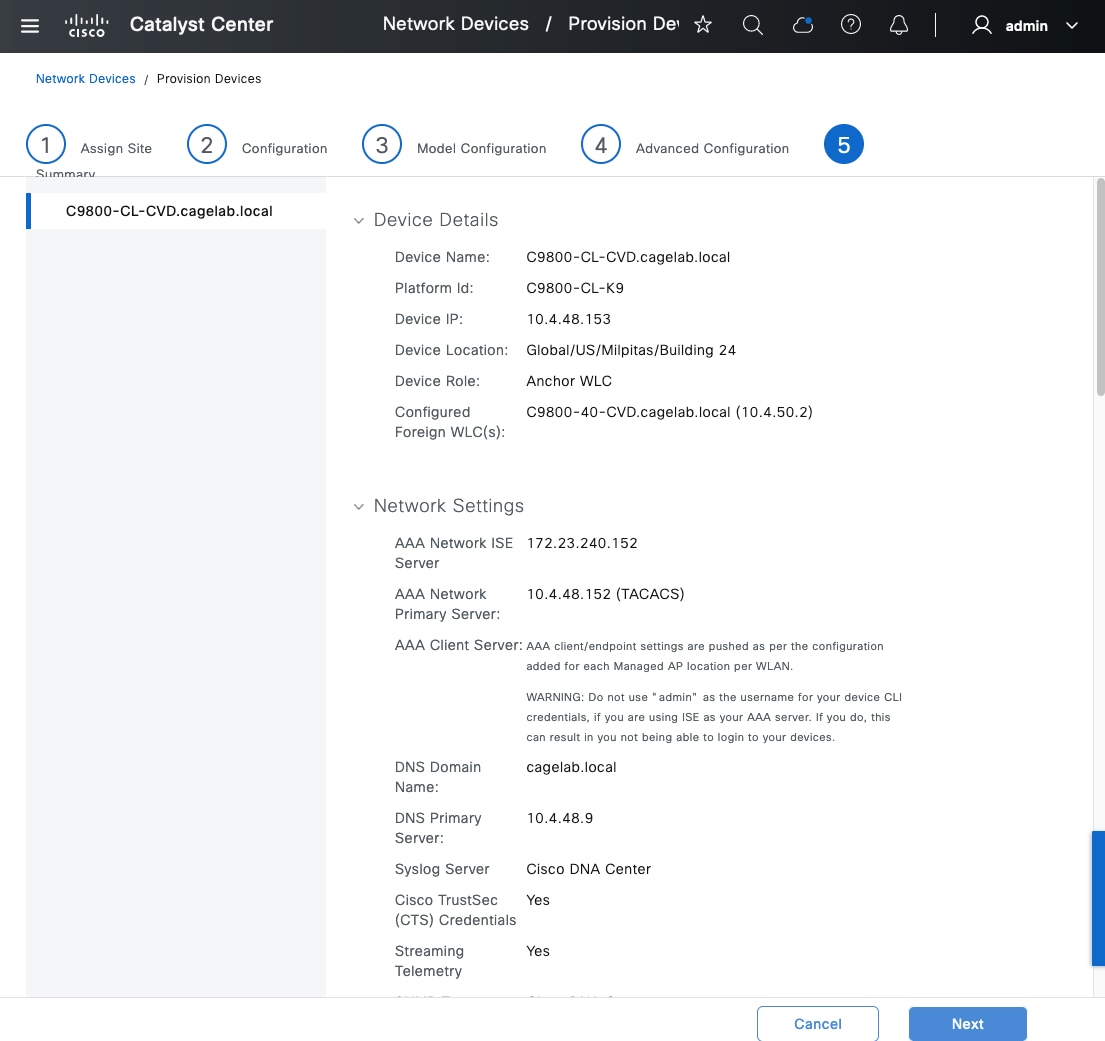 The Summary page shows the configuration details for the SSID, which include device details and network settings.