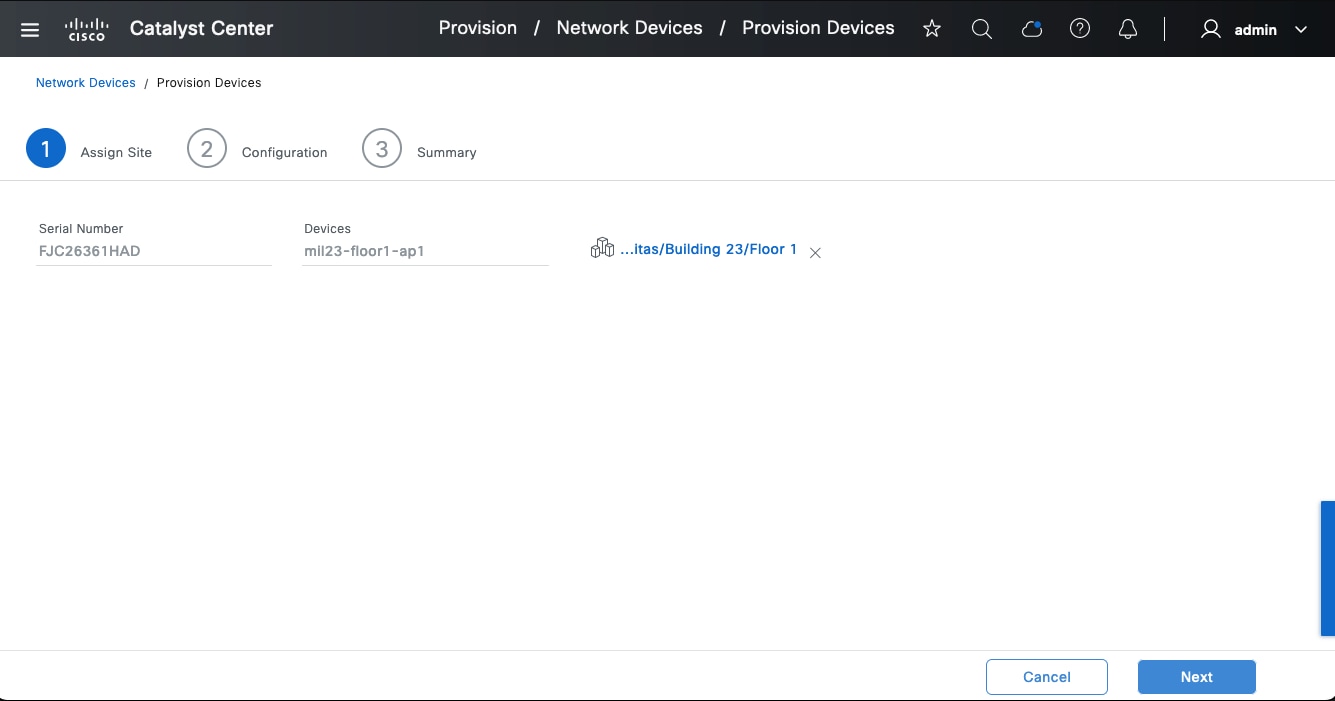 The Assign Site step shows the serial number, devices, and site.