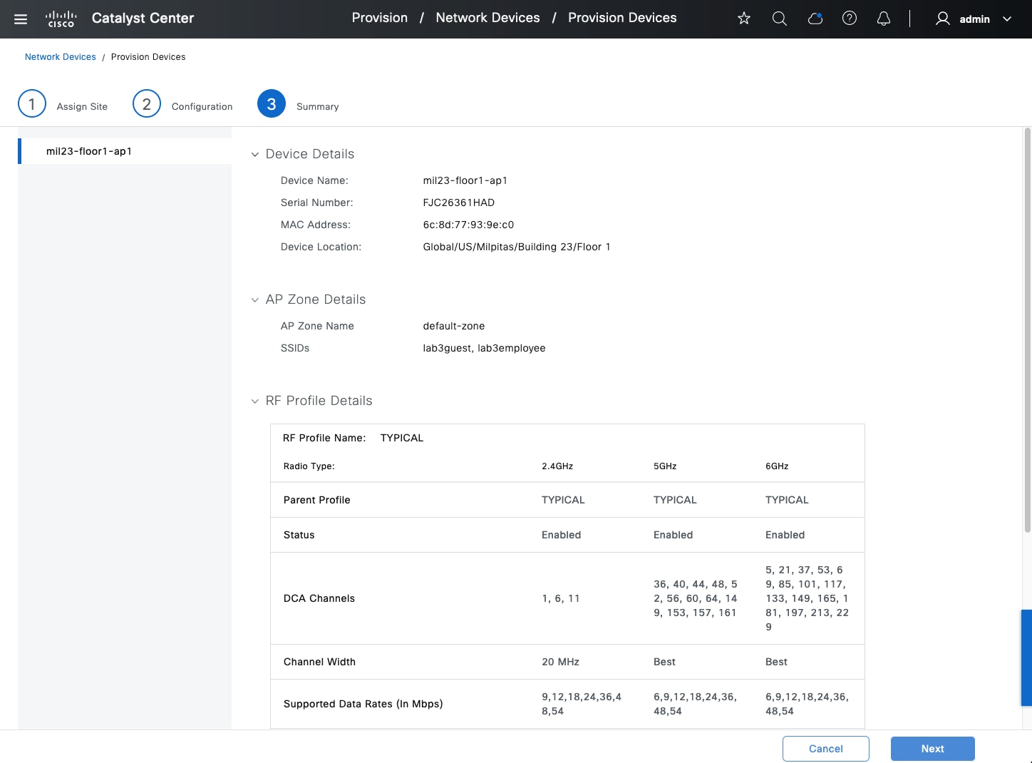 The Summary step shows the device details, AP zone details, and RF profile details.