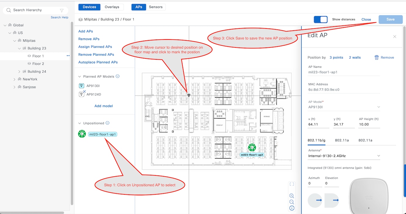 The unpositioned floor plan, floor map, and Edit AP slide-in pane.